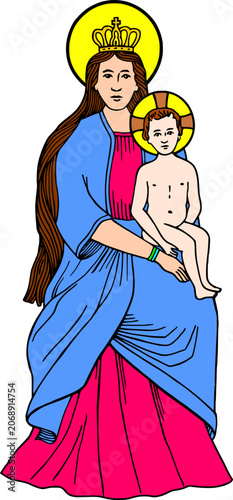 Illustration of the virgin mary holding the baby jesus with a golden crown