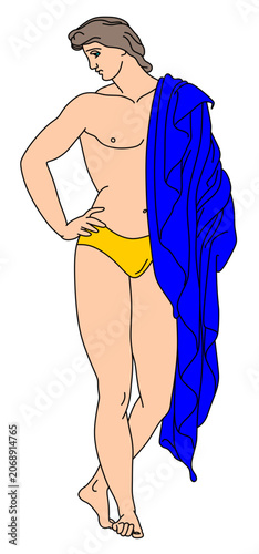 Illustration of a classical greek style male figure draped in a blue cloth