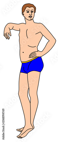 Illustration of a young man standing in blue swim trunks