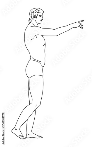 Line art illustration of a classical greek male statue pointing forward