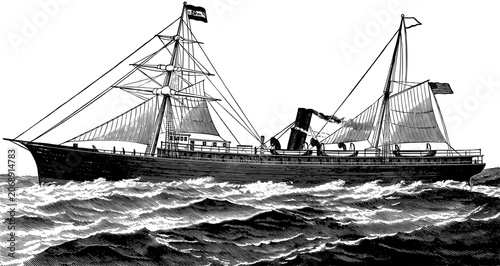 Vintage illustration of a 19thcentury steamship sailing on the ocean