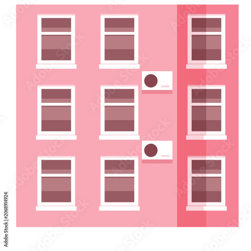 Flat vector illustration of a pink building facade with windows and ac units