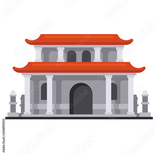 Traditional chinese building with red roof and stone columns