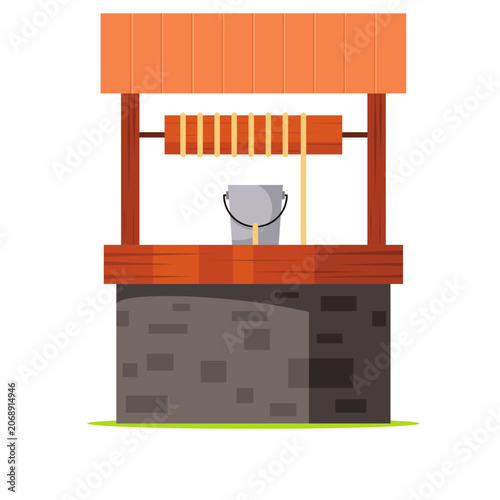 Illustration of a traditional stone water well with a bucket and wooden roof