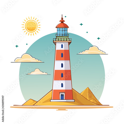 Red and white lighthouse illustration with sun and mountains