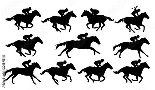 Obraz na plátně Action horse racing silhouettes set with jockeys isolated on white background ve