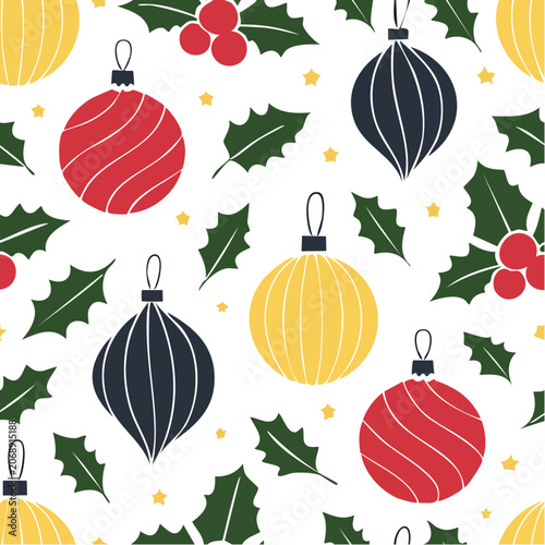 Seamless Christmas Ornaments and Holly Pattern