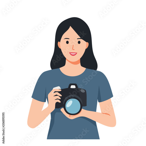 Woman holding camera flat vector illustration