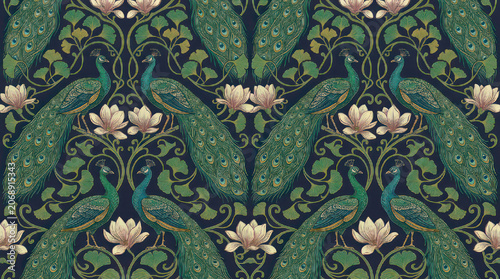 Intricate Art Nouveau Peacock and Lotus Flower Pattern.