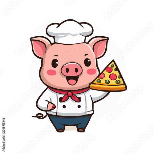 Cartoon Pig Chef Holding Pizza Slice