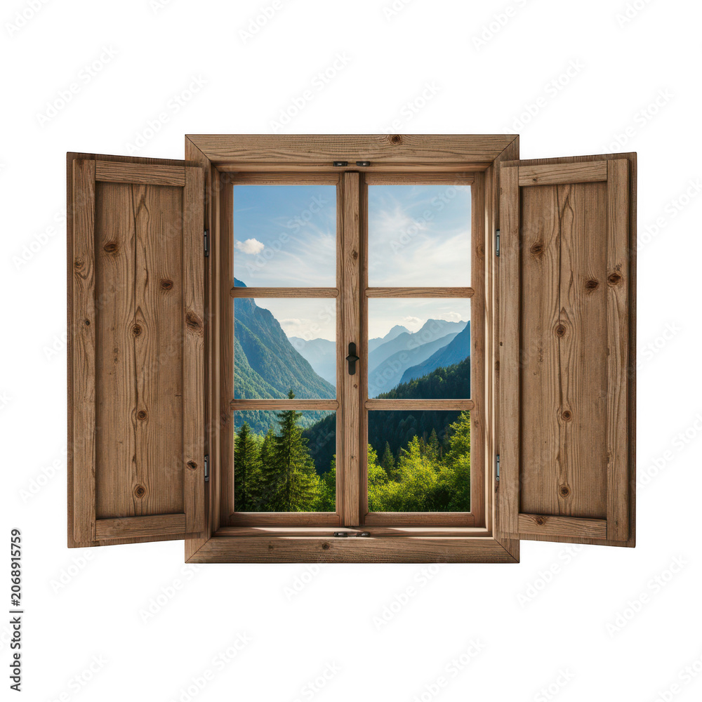 Fototapeta premium Open rustic wooden window with shutters showing a beautiful mountain valley landscape view outside isolated on transparent background