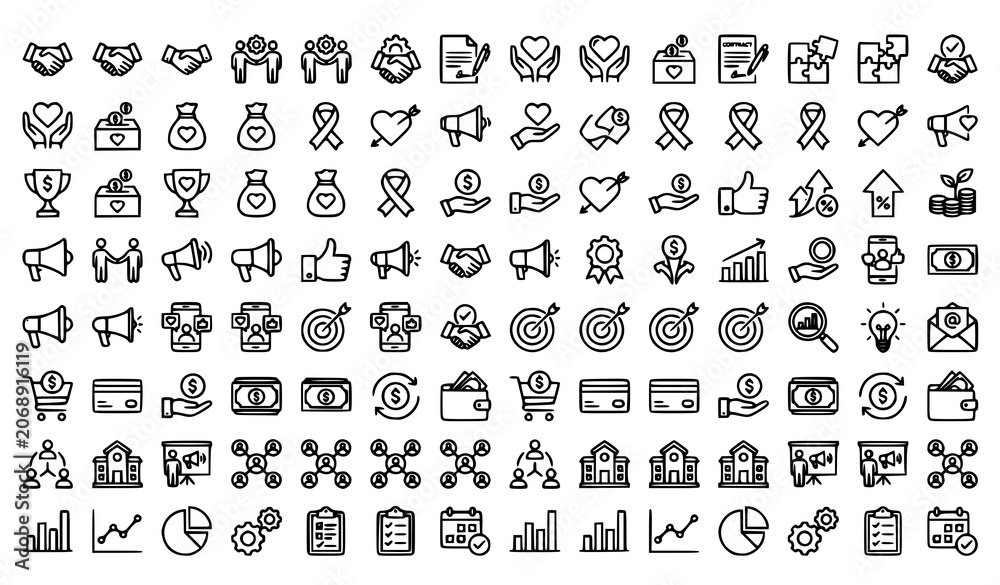 Obraz premium Black line icons for charity fundraising and business concepts