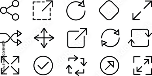Photos Arrow and action outline icon set with share refresh shuffle expand rotate and c