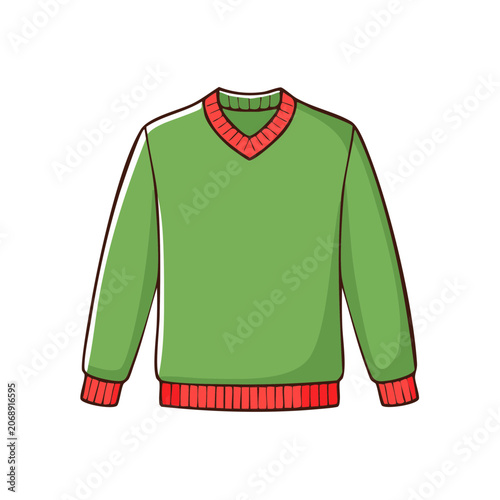 Green V-Neck Sweater Flat Vector Illustration