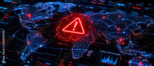 Digital world map with glowing red warning symbols and network connections showing cybersecurity threat and global trade data