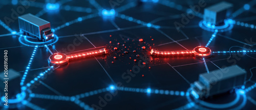 Network disruption concept with broken digital connection and trucks on dark background, symbolizing logistics interruption and data flow break