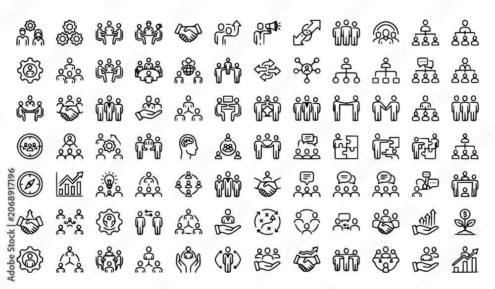 Fototapeta premium Business and teamwork line icons set collaboration strategy and growth