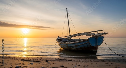 Serene boat on calm water at golden sunrise with reflection