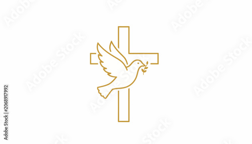 Christian cross, dove symbol, gold line art, sacred icon, religious vector