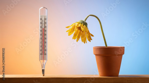Wilting yellow flower in clay pot next to thermometer on wooden surface with warm and cool gradient background