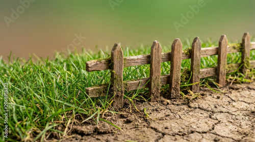 Wooden fence separating grass and dry cracked dirt in natural outdoor setting with moss on wood