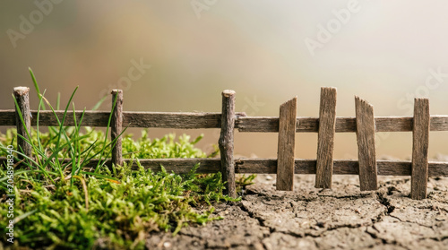 Wooden fence separating grass and dry cracked soil in natural outdoor setting with soft background light
