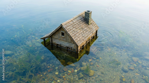Wooden house submerged in clear water with visible stones and aquatic plants, creating calm and serene atmosphere
