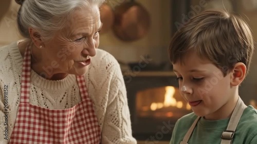 Grandmother teaching a child traditional cooking inside a warm family kitchen.