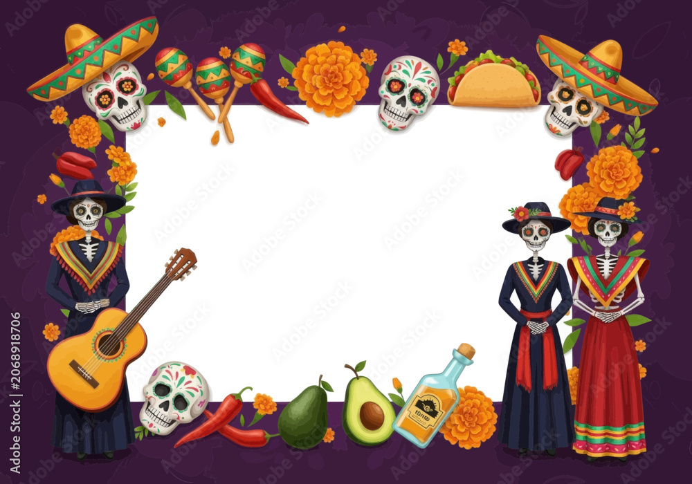 Fototapeta premium Dia de los muertos frame with traditional mexican elements