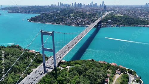 Aerial view of the turquoise Bosphorus and bridges, featuring a unique Istanbul cityscape on a summer day (D-Log unprocessed footage).