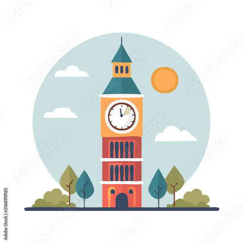 Flat illustration of a clock tower with trees and sky