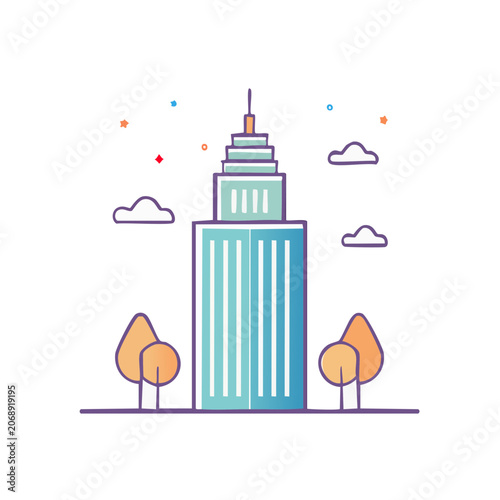 Flat illustration of a modern skyscraper with trees and clouds
