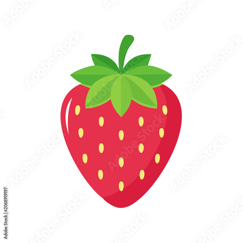 Flat illustration of a red strawberry with green leaves