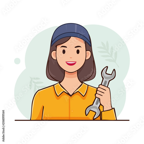 Woman holding wrench, flat vector illustration