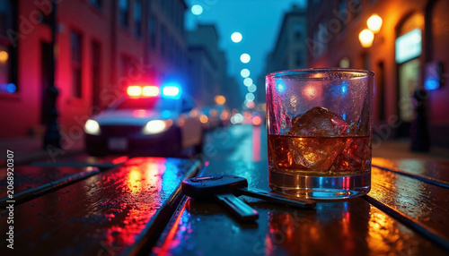 Glass of whiskey and car keys on wet table at night. Police car with flashing lights in background. Urban street scene suggests consequences of drunk driving.