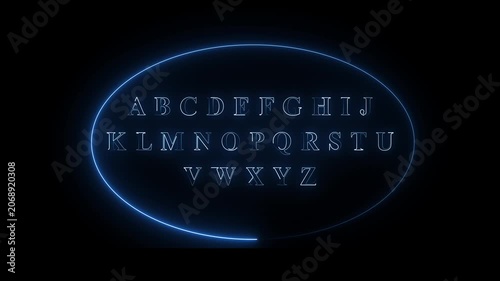 Glowing neon alphabet A to Z animation, letters appearing sequentially with smooth light trails, futuristic digital glow, seamless loop, transparent background, professional motion graphics, 4K.