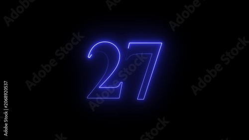 Futuristic neon number 27 animation, glowing numeric digits forming smoothly from light trails, vibrant energy pulses surrounding the number, sleek cyberpunk style, dynamic illumination effects...