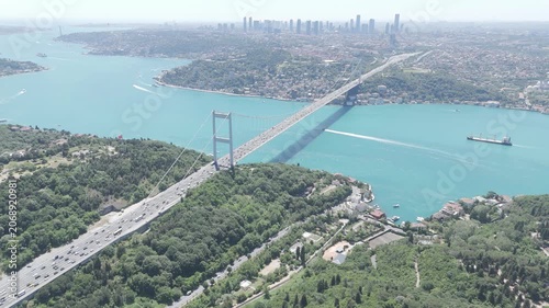 Aerial view of the turquoise Bosphorus and bridges, featuring a unique Istanbul cityscape on a summer day (D-Log unprocessed footage).