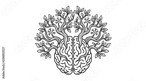 Slika na platnu Tree of Knowledge: Brain with Growing Branches and Leaves, Symbolizing Growth an