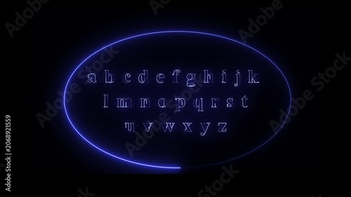 Glowing neon alphabet A to Z animation, letters appearing sequentially with smooth light trails, futuristic digital glow, seamless loop, transparent background, professional motion graphics, 4K.