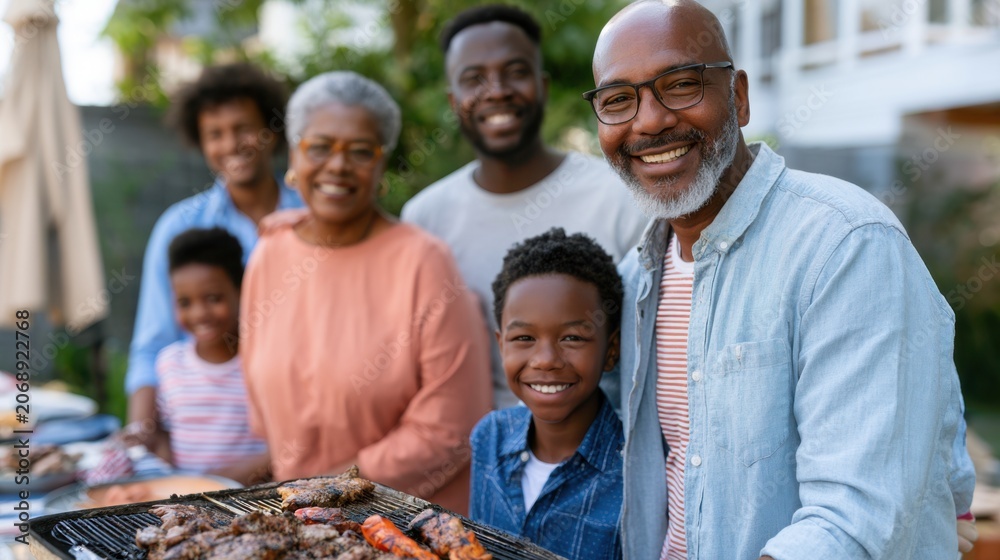 Obraz premium Family gathering celebrating Independence Day in the backyard, grilling barbecue with diverse members smiling and enjoying the festive atmosphere together