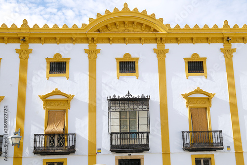 The elegant historic facade of the Palace of the Marquises of Solanda in Zafra, Badajoz, Spain