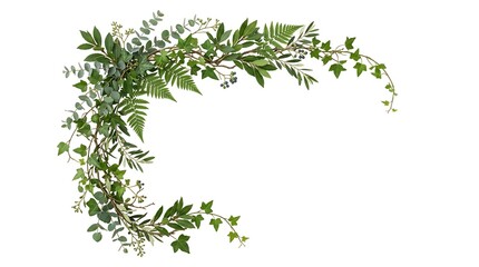 Decorative botanical corner frame made of green leaves on white background