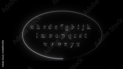 Glowing neon alphabet A to Z animation, letters appearing sequentially with smooth light trails, futuristic digital glow, seamless loop, transparent background, professional motion graphics, 4K.