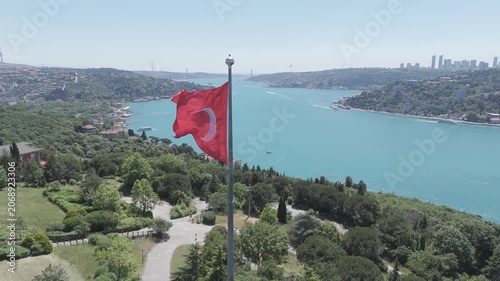 Aerial view of the turquoise Bosphorus and bridges, featuring a unique Istanbul cityscape on a summer day (D-Log unprocessed footage).