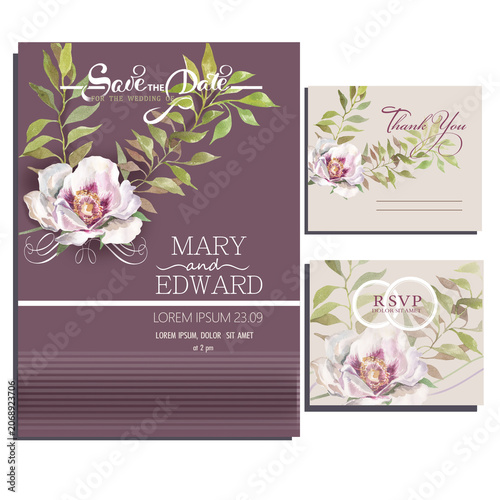 watercolor peony floral wedding wedding set featuring an elegant mauve and dusty purple color palette