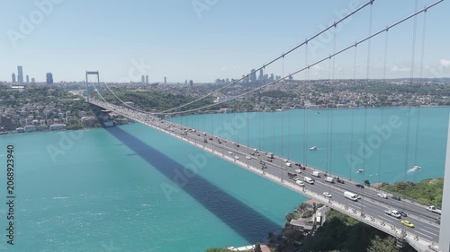 Aerial view of the turquoise Bosphorus and bridges, featuring a unique Istanbul cityscape on a summer day (D-Log unprocessed footage).