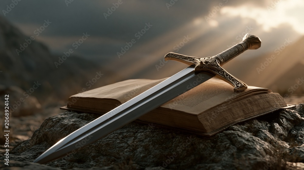 Naklejka premium Bible and Sword Representing Faith, Strength and Protection