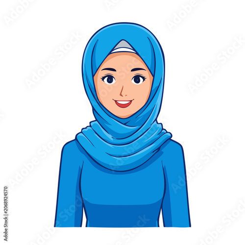 Smiling woman wearing blue hijab and clothing illustration