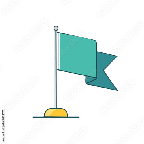 Teal flag on pole with yellow base, flat vector illustration